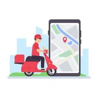 el conductor de la entrega conduce a través de un teléfono móvil con una pantalla de mapa. concepto de entrega de alimentos en línea vector