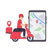 The delivery driver drives through a mobile phone with a map screen. online food delivery concept vector