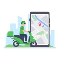 el conductor de la entrega conduce a través de un teléfono móvil con una pantalla de mapa. concepto de entrega de alimentos en línea vector