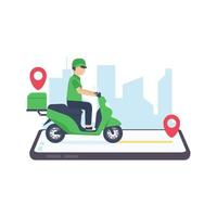 The delivery driver drives through a mobile phone with a map screen. online food delivery concept vector