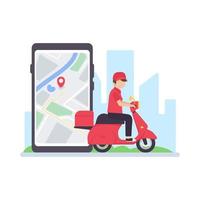 The delivery driver drives through a mobile phone with a map screen. online food delivery concept vector