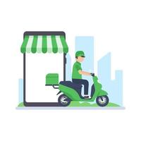 The delivery driver drives through a mobile phone with a map screen. online food delivery concept vector