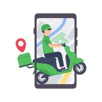 The delivery driver drives through a mobile phone with a map screen. online food delivery concept vector