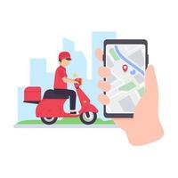 The delivery driver drives through a mobile phone with a map screen. online food delivery concept vector