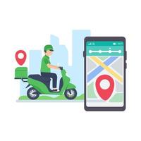 The delivery driver drives through a mobile phone with a map screen. online food delivery concept vector