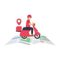 The delivery driver drives through a mobile phone with a map screen. online food delivery concept vector