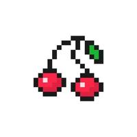 Red cherries pixel on black branch. Sweetly sour two berries with green leaf. Ripe fruit for dessert and 8bit vector game design