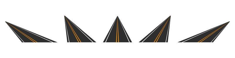 Straight highways in different directions. Blank highway with black asphalt and yellow marking lines. Smooth rays of trace diverging in five vector directions