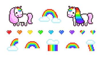 Pixel unicorns and rainbows set. Cute mythical ponies with colorful hearts and clouds. Joyful childish design and characters for 8bit vector game