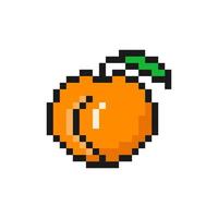 Orange pixelated peach. Ripe sweet fruit with green leaf tropical tasty dessert with exotic flavor for 8bit vector game design.