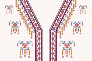 Colorful ethnic geometric V-neckline pattern with flower shape. Tribal art feminine shirts style. vector