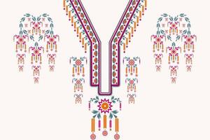 Colorful ethnic geometric V-neckline pattern with flower shape design. Beautiful tribal art feminine shirts style. vector