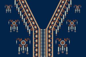 Vintage ethnic geometric V-neckline pattern with flower shape. Tribal art blue color batik shirts style. vector