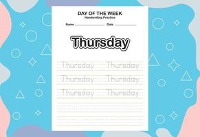 Day name of the week trace and writing practice sheet vector