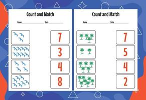 Count and match with the correct number. Matching education game. Count how many items and choose the correct number vector