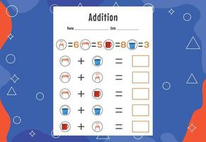 Addition with different elements for kids. An educational page for kids. Vector design