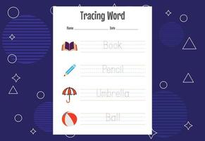 Word tracing worksheets for kids. Letters trace exercises for kids vector