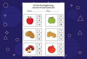 Circle the beginning sound of each picture. Educational game for kids vector