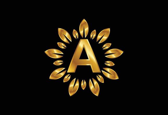 Initial A monogram letter alphabet with golden leaf wreath. Flower logo design concept