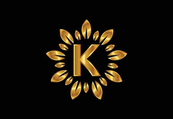 Initial K monogram letter alphabet with golden leaf wreath. Flower logo design concept