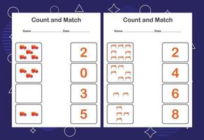 Contar y combinar la hoja de trabajo para niños. cuenta y empareja con el número correcto. juego educativo a juego. vector