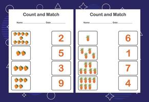 Contar y combinar la hoja de trabajo para niños. cuenta y empareja con el número correcto. juego educativo a juego. vector