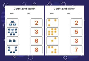 Contar y combinar la hoja de trabajo para niños. cuenta y empareja con el número correcto. juego educativo a juego. vector