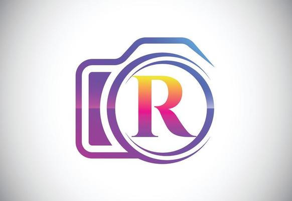 Initial R monogram letter with a camera icon. Logo for photography business, and company identity