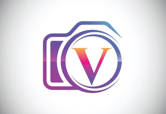 Initial V monogram letter with a camera icon. Logo for photography business, and company identity