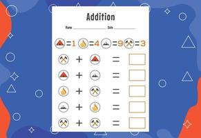 Addition with different elements for kids. An educational page for kids. Vector design