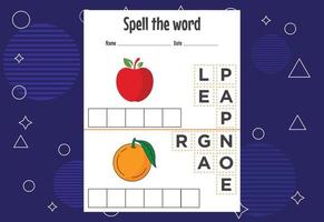 Spelling the word worksheet vector illustration. Spelling game for kids.