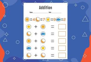 Addition with different elements for kids. An educational page for kids. Vector design