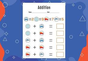 Addition with different elements for kids. An educational page for kids. Vector design