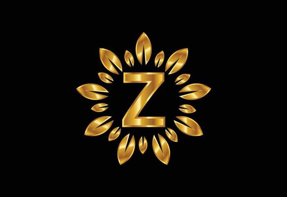 Initial Z monogram letter alphabet with golden leaf wreath. Flower logo design concept