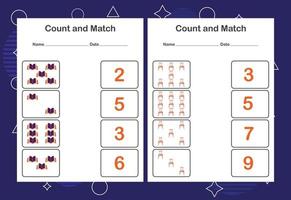 Contar y combinar la hoja de trabajo para niños. cuenta y empareja con el número correcto. juego educativo a juego. vector