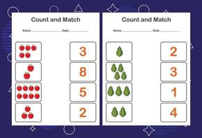 Contar y combinar la hoja de trabajo para niños. cuenta y empareja con el número correcto. juego educativo a juego. vector