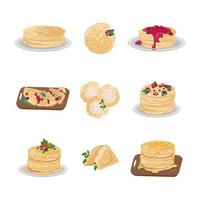 Set of thin pancakes on plate and wooden board with sweet berries, cottage cheese, jam and honey. Festive dish for Maslenitsa, carnival and Shrovetide. Delicious pastries. Vector flat illustration