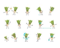 conjunto de lindos personajes de cactus en maceta con emociones felices o tristes, pánico, cara, manos y piernas amorosas o valientes. planta de interior con máscara, gafas o sombrero. ilustración plana vectorial