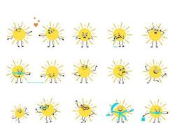 lindo personaje solar con emociones felices o tristes, pánico, cara, manos y piernas amorosas o valientes. persona con máscara, gafas o sombrero. ilustración plana vectorial