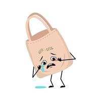 Cute character fabric bag with crying and tears emotion, sad face, depressive eyes, arms and legs. Shopper with melancholy face,  ecological alternative to plastic bag. Vector flat illustration