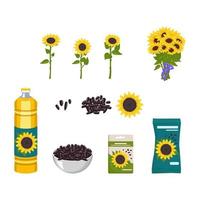 Set of sunflower with yellow petals and leaves and bouquet of flowers with bow. Black seeds on plate and in package. Vegetable oil and grain for planting crops. Vector flat illustration