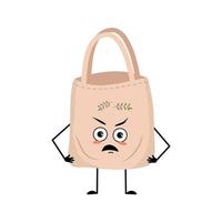 Cute character fabric bag with angry emotions, grumpy face, furious eyes, arms and legs. Shopper with irritated face, ecological alternative to plastic bag. Vector flat illustration