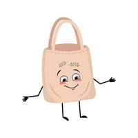 Cute character fabric bag with happy emotions, joyful face, smile eyes, arms and legs. Shopper with funny face,  ecological alternative to plastic bag. Vector flat illustration