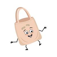Cute character fabric bag with happy emotions, joyful face, smile eyes, arms and legs. Shopper with funny face,  ecological alternative to plastic bag. Vector flat illustration