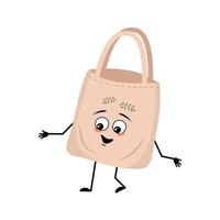 lindo bolso de tela de personaje con emociones felices, cara alegre, ojos sonrientes, brazos y piernas. comprador con cara divertida, alternativa ecológica a la bolsa de plástico. ilustración plana vectorial vector