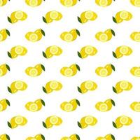 Seamless bright spring and summer pattern with lemon and slices on a white background. A set of citrus fruits for a healthy lifestyle. Vector flat illustration of healthy food