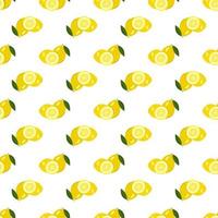 Seamless bright spring and summer pattern with lemon and slices on a white background. A set of citrus fruits for a healthy lifestyle. Vector flat illustration of healthy food