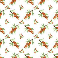 Seamless pattern with sea buckthorn on white background. Print of useful small orange berries on branch with leaf, summer or autumn harvest in garden. Vector flat illustration