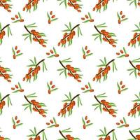 Seamless pattern with sea buckthorn on white background. Print of useful small orange berries on branch with leaf, summer or autumn harvest in garden. Vector flat illustration