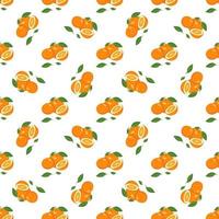 Seamless bright spring and summer pattern with oranges and slices on a white background. A set of citrus fruits for a healthy lifestyle. Vector flat illustration of healthy food
